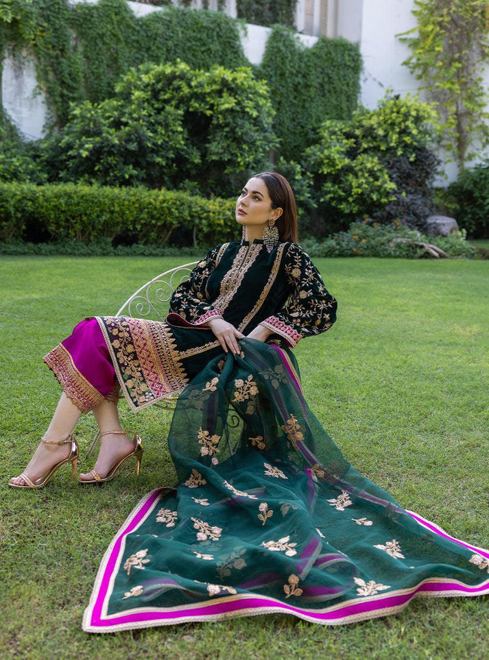 3 Piece Stitched Velvet Designer Suit - Ready To Wear