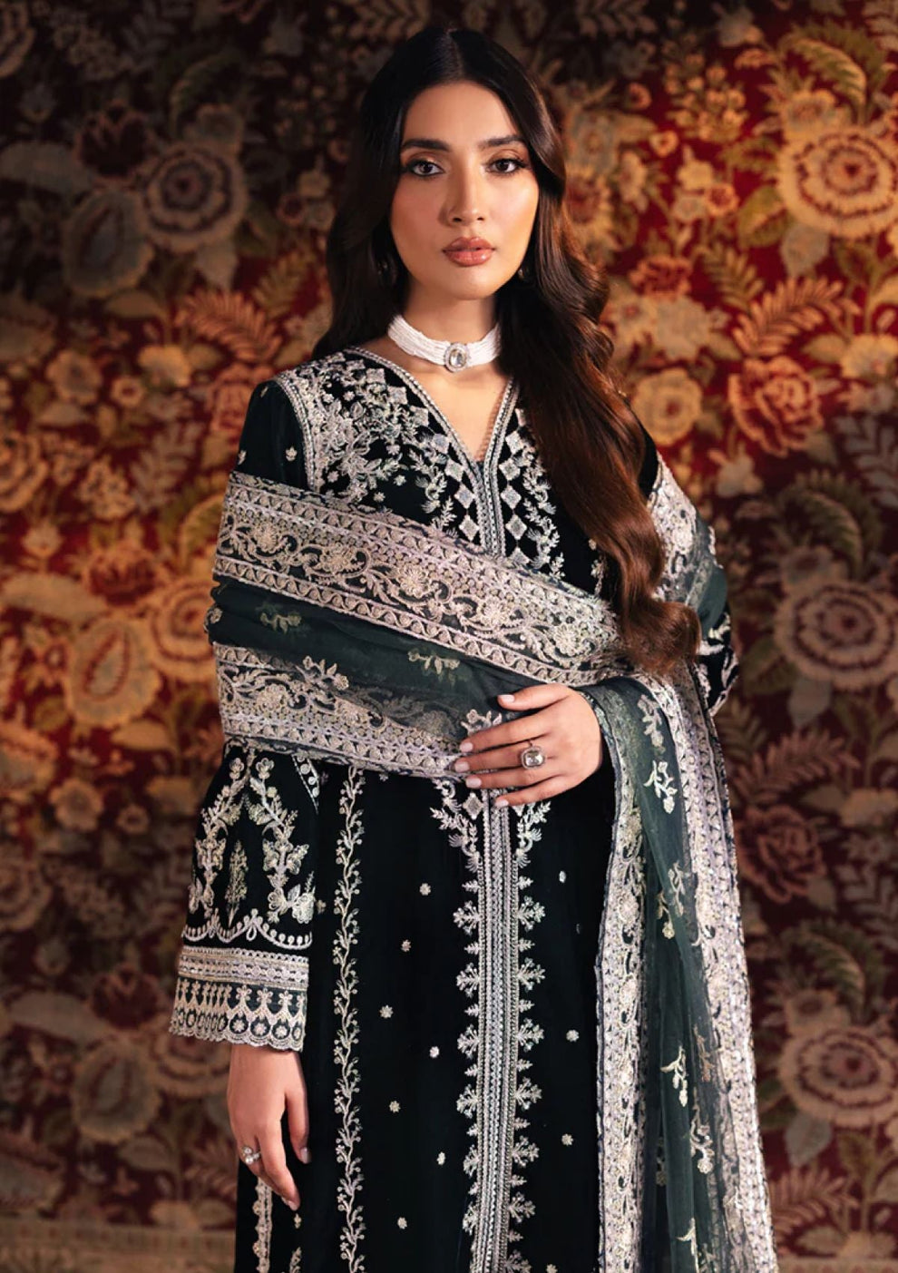 3 Piece Stitched Velvet Embroidered Suit - Ready To Wear