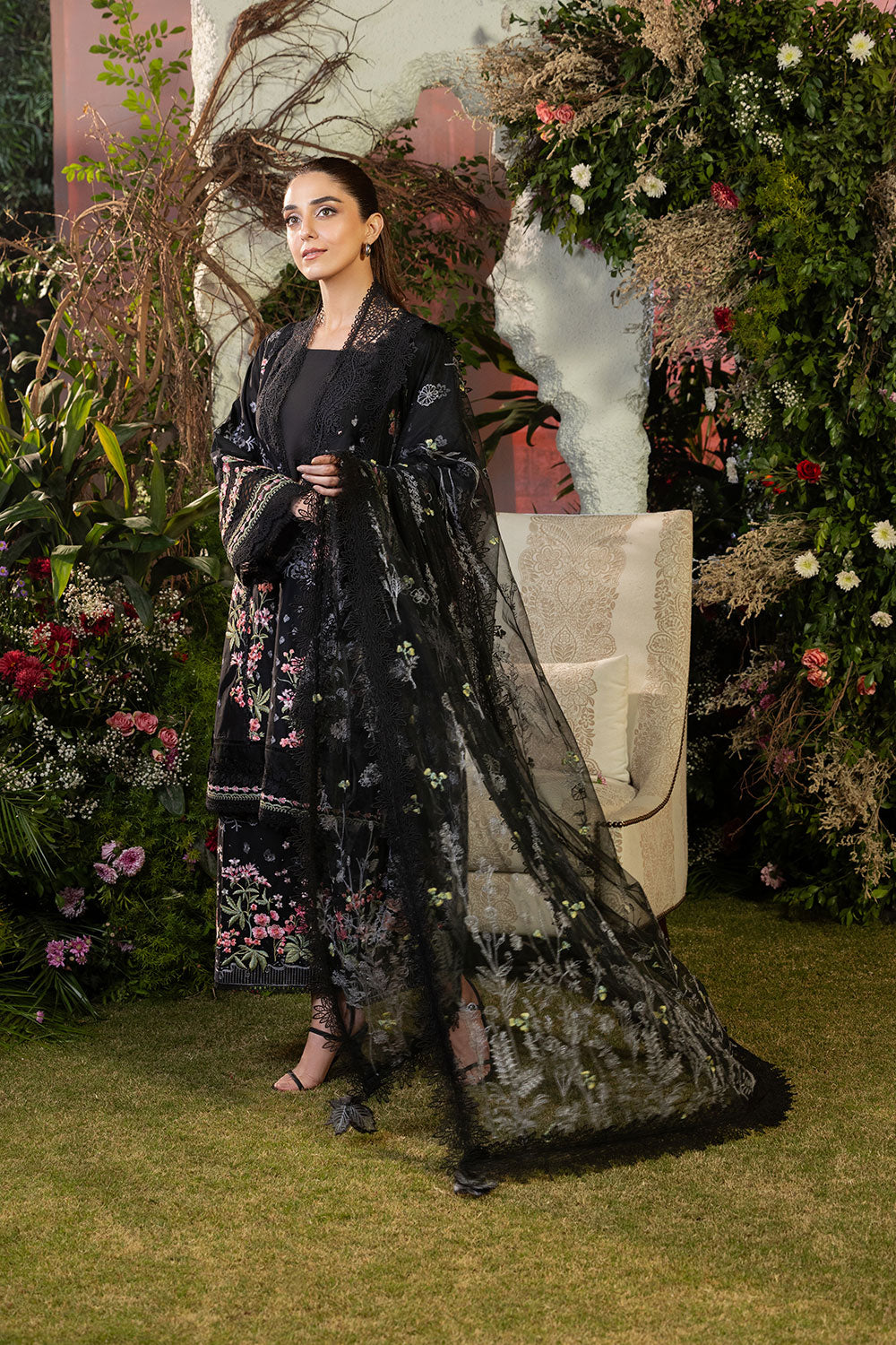 3 Piece Stitched Chikankari Organza Suit - Ready To Wear
