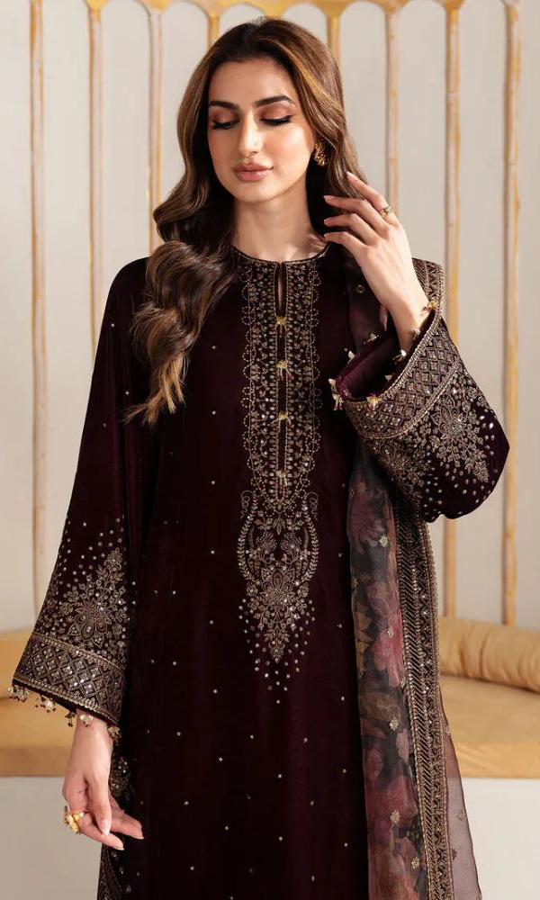 3 Piece Stitched Velvet Suit - Ready To Wear