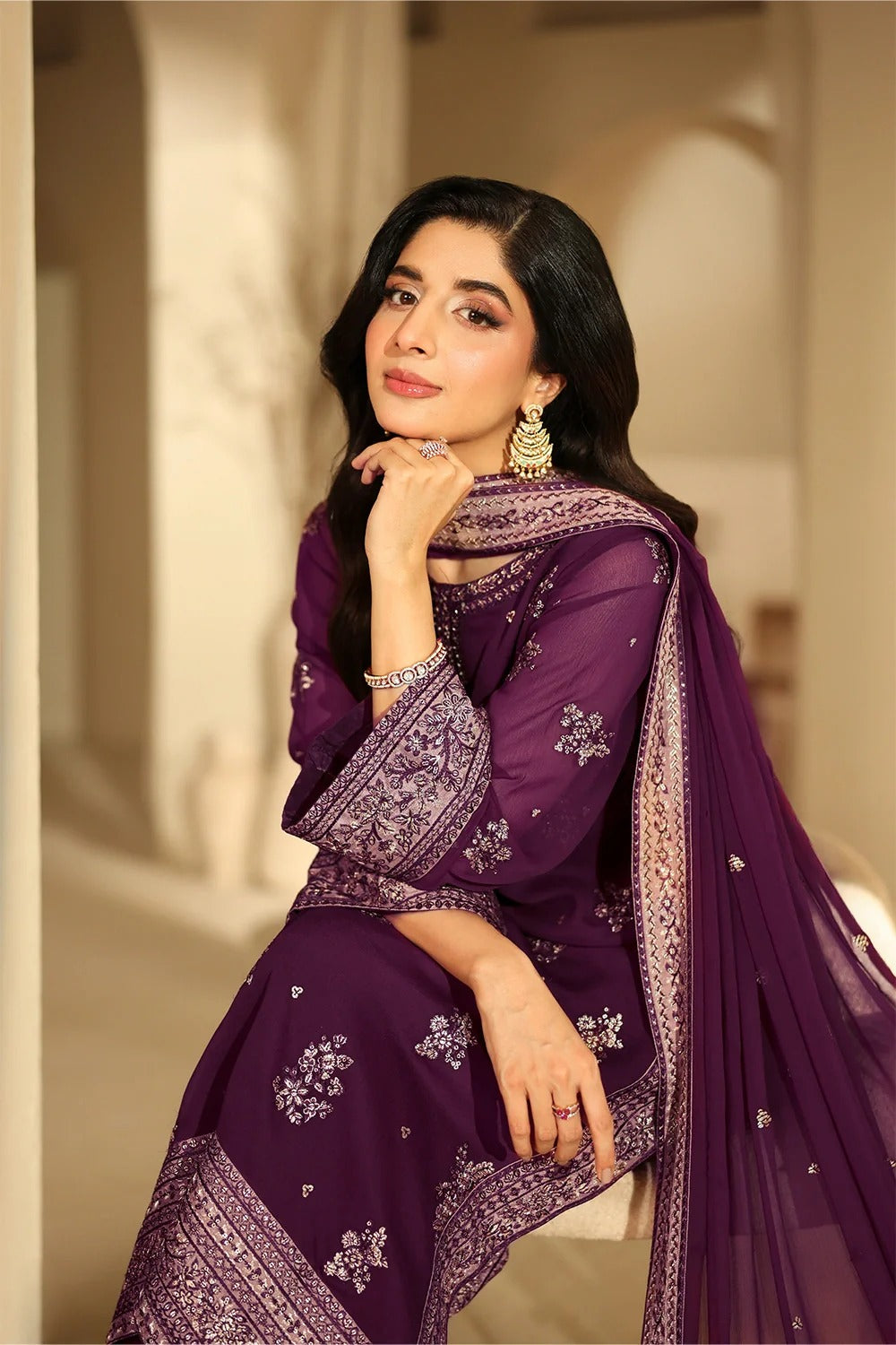 3 Piece Stitched Embroidered Chiffon Suit - Ready To Wear